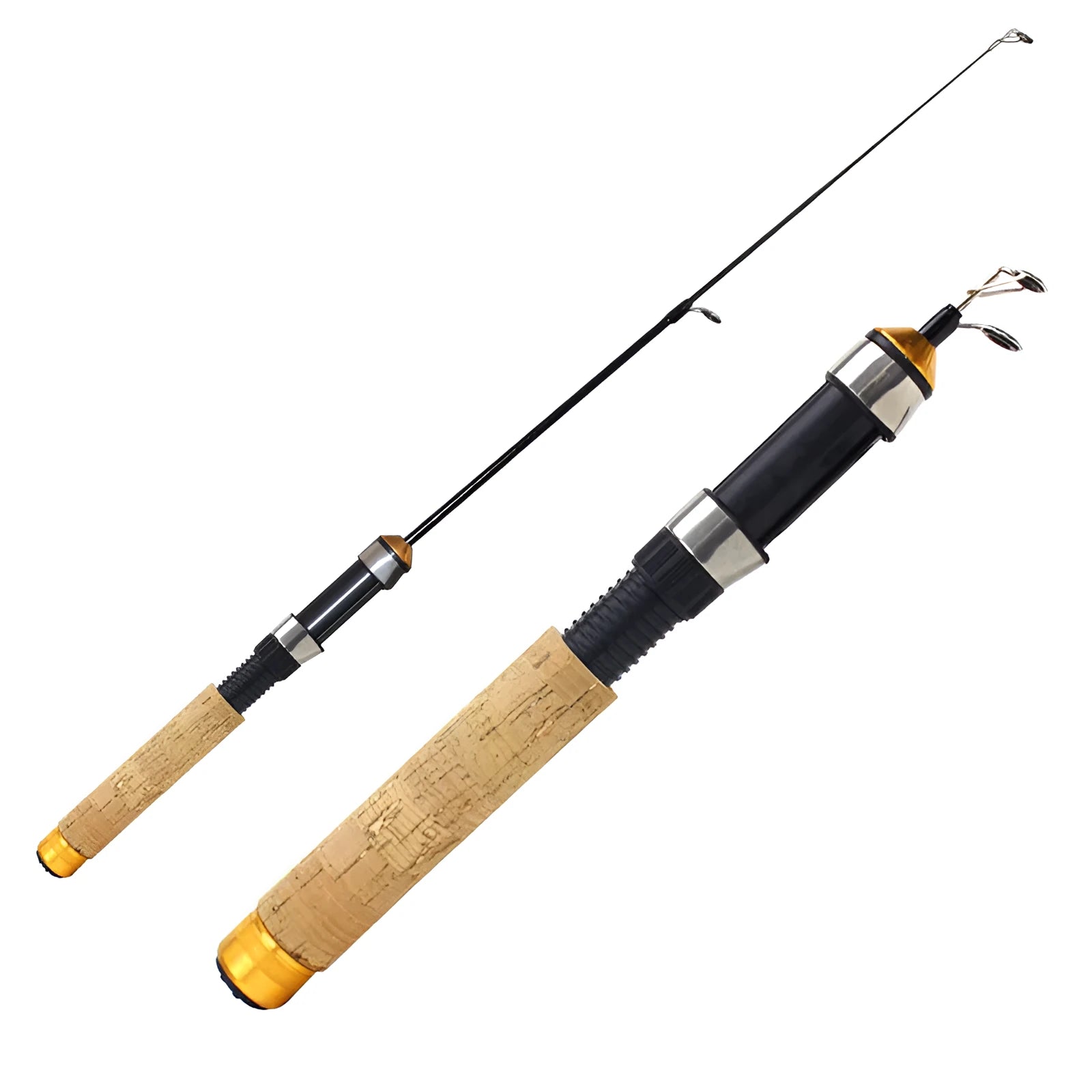 Wood grain ice fishing rod with carbon coating, retracted to 0.6 metres, shown on ice surface