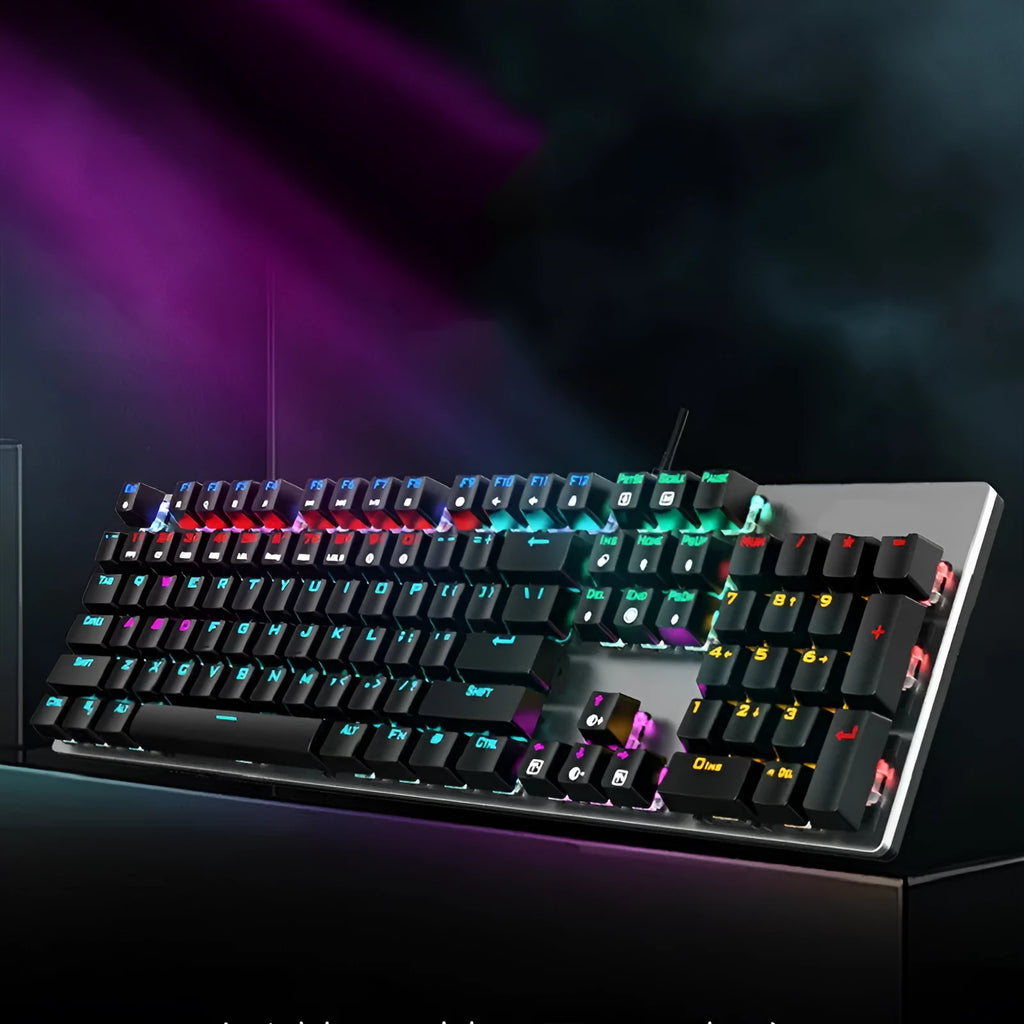 AOC GK410 wired mechanical keyboard with metal top plate and green switch keys on a desk.