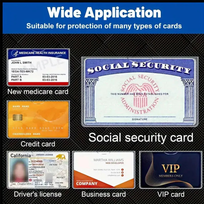 Clear PVC waterproof cover for a social security card, showing dimensions of 9.7 by 5.9 centimetres.