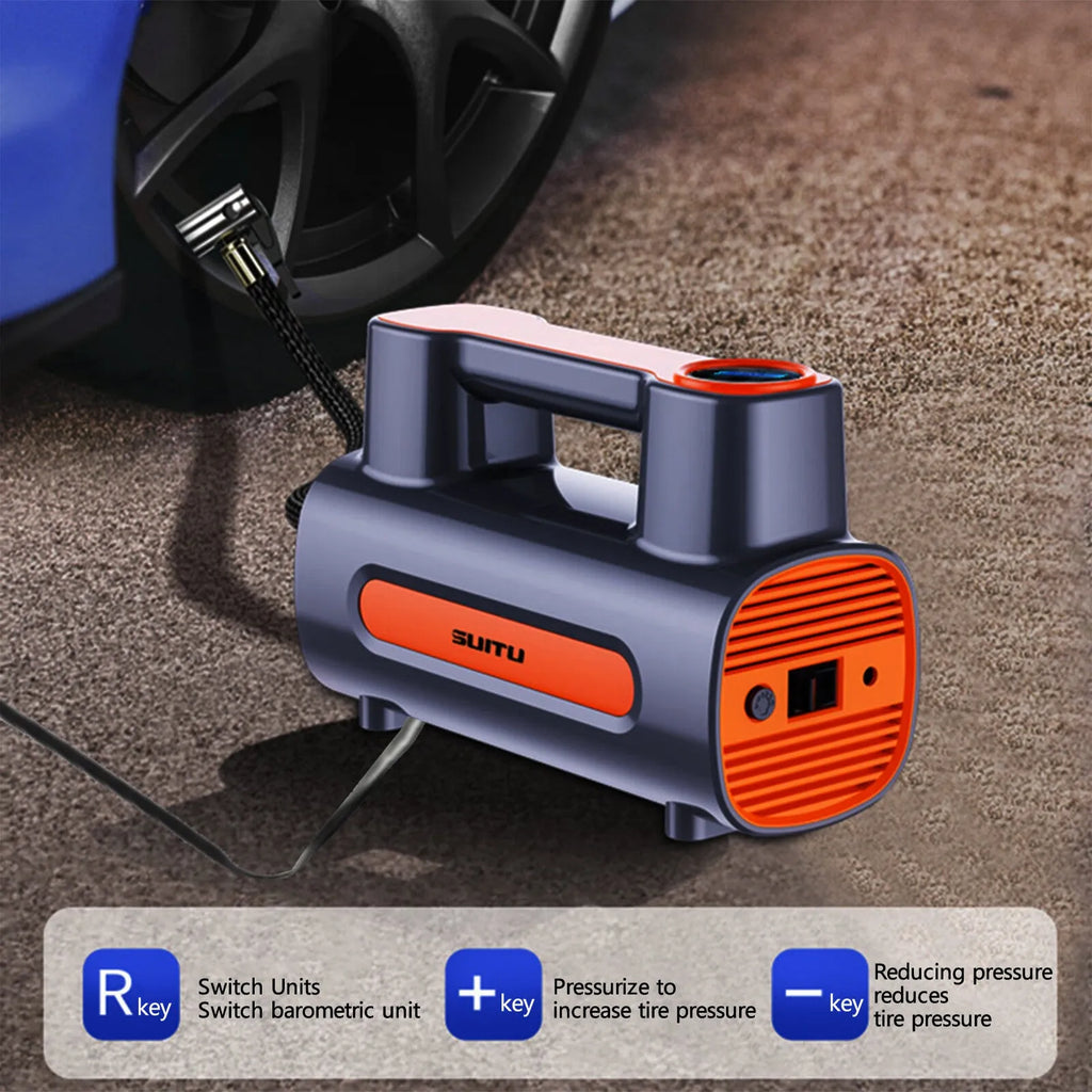 Portable wireless car tyre inflator with digital display showing pressure readings