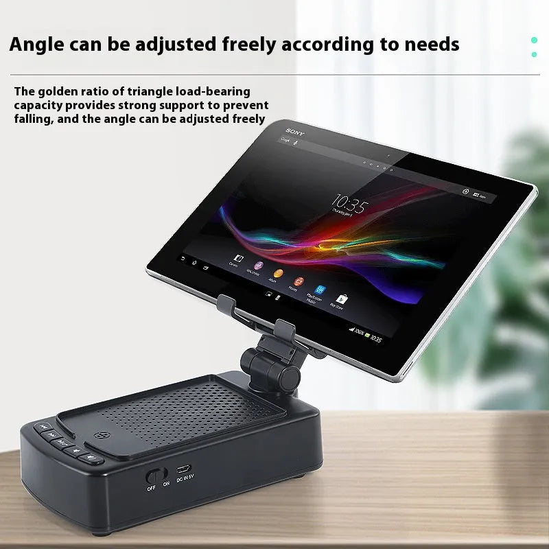 Multifunctional plastic tablet and phone holder in black with Bluetooth-compatible audio