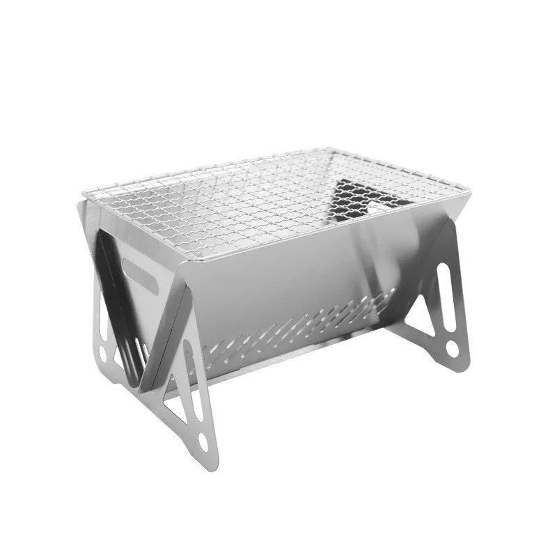 Large stainless steel folding barbecue oven and grill with storage bag.