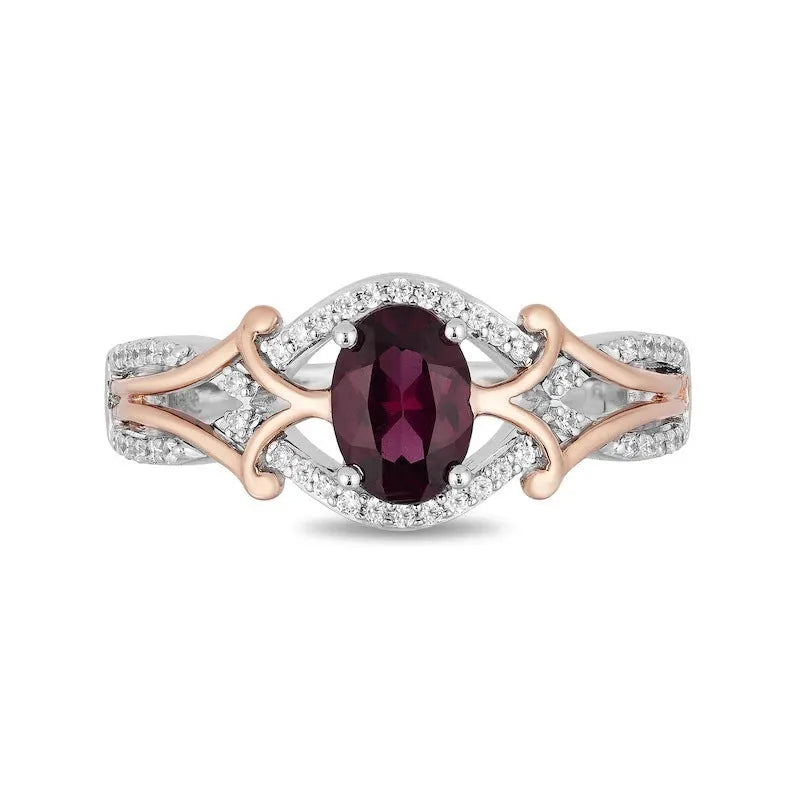 Women's copper ring with egg-shaped amethyst, micro inlaid zircon and colour separation plating, sizes 6-10