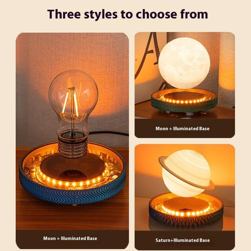 Magnetic suspension moon night lamp, a 3D-printed decorative ornament in suspended Moon, Saturn, or bulb design.