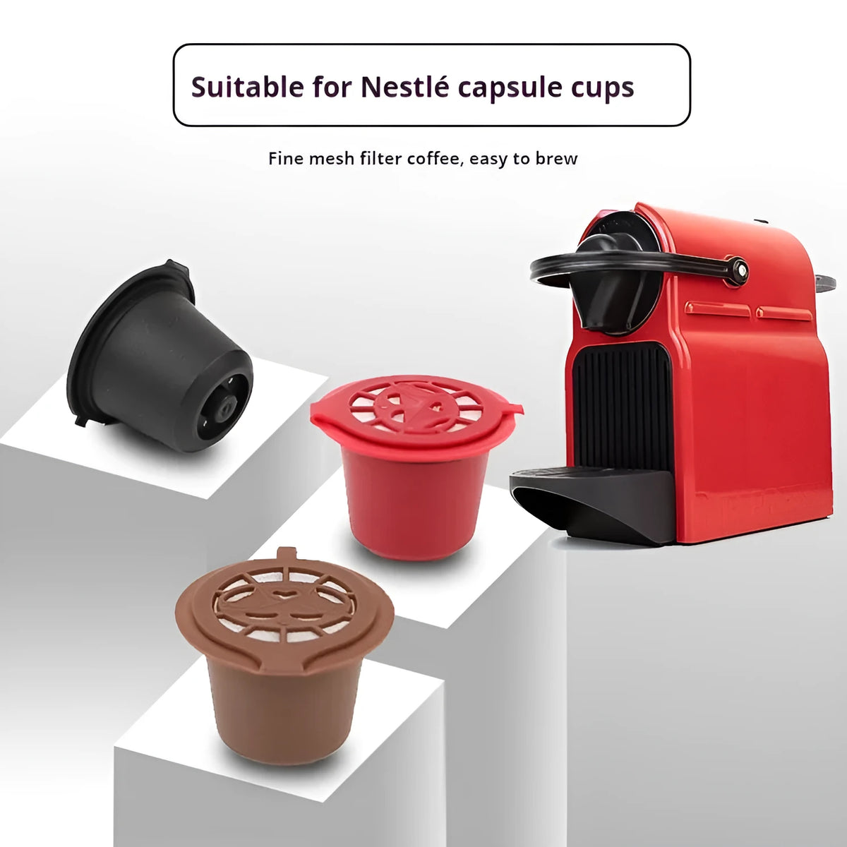 Six plastic coffee filter cups in black, red, and brown with a spoon, reusable shell capsule design for home brewing