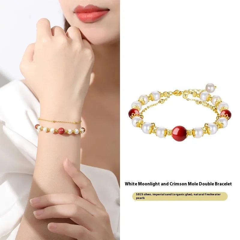 Women's sterling silver double-layer bracelet with freshwater pearls and cinnabar red beans