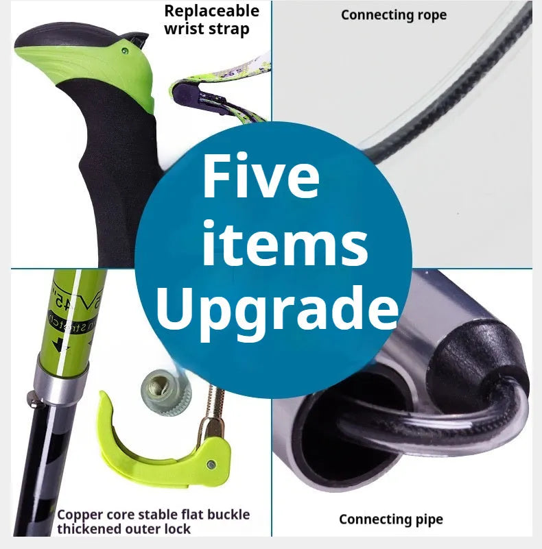 Carbon fibre folding climbing cane with tungsten steel tip shown in extended and collapsed positions