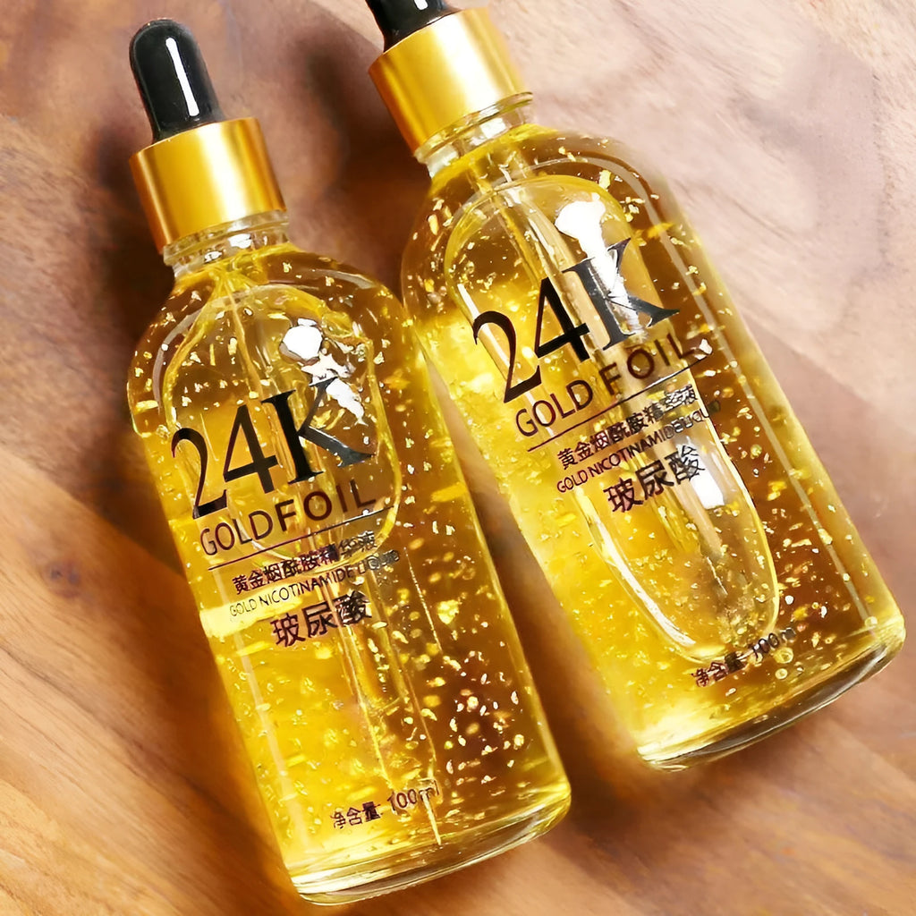 24K gold facial essence bottle with hyaluronic acid and ginseng for neutral and combination skin
