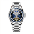Men's automatic mechanical watch with silver case, blue dial, and stainless steel bracelet.