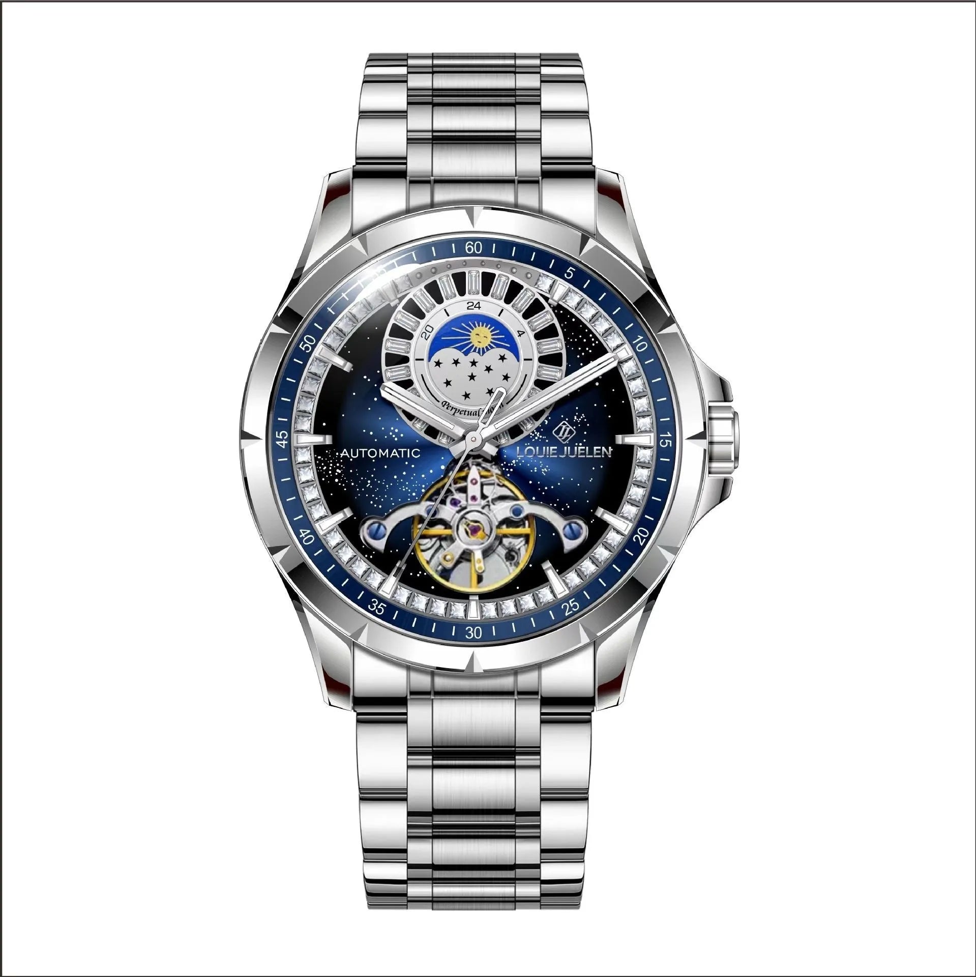 Men's automatic mechanical watch with silver case, blue dial, and stainless steel bracelet.