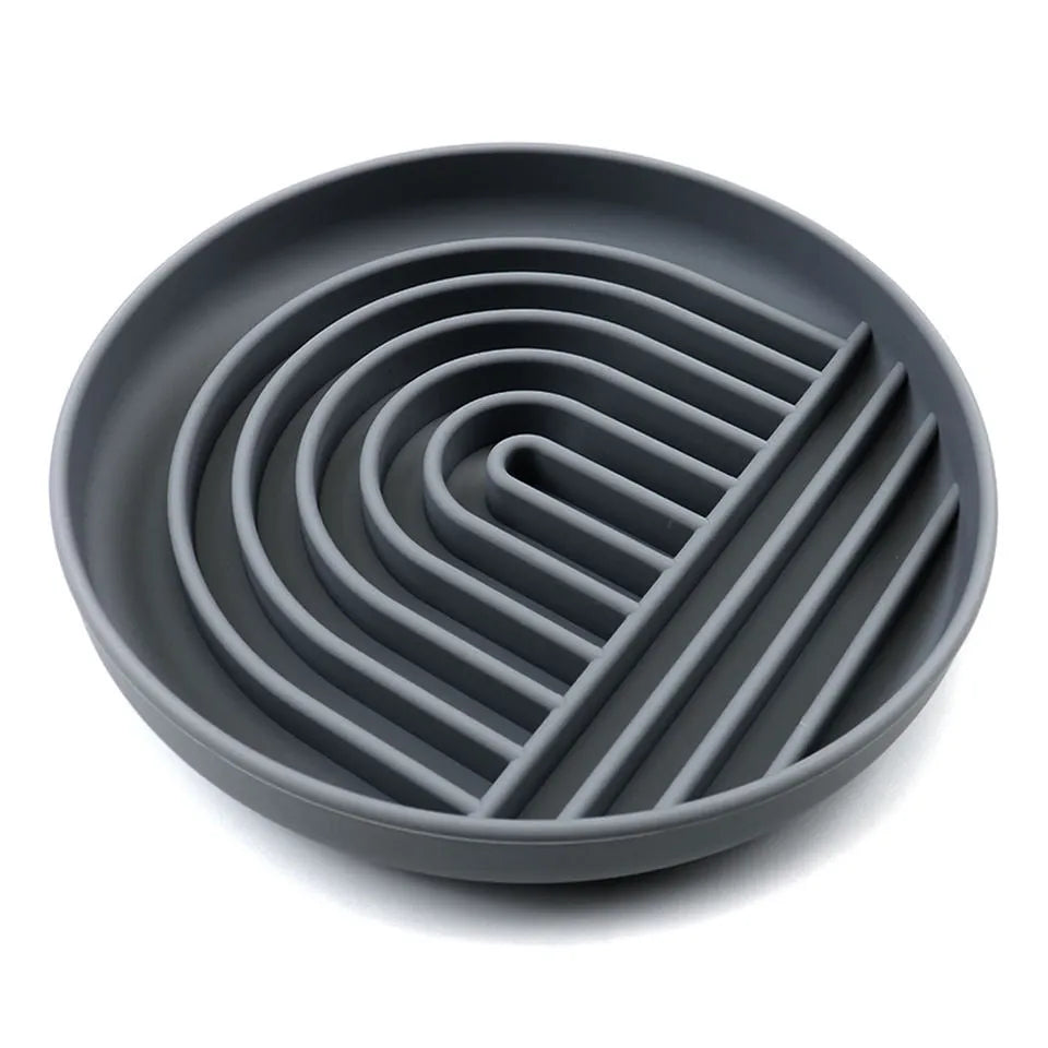 Silicone dog slow feeder bowl with ridges and nooks, shown in beige colour