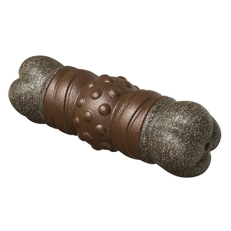 Wood colour plastic dog toy shaped as a sounding bone with textured molar rod toothbrush surfaces.