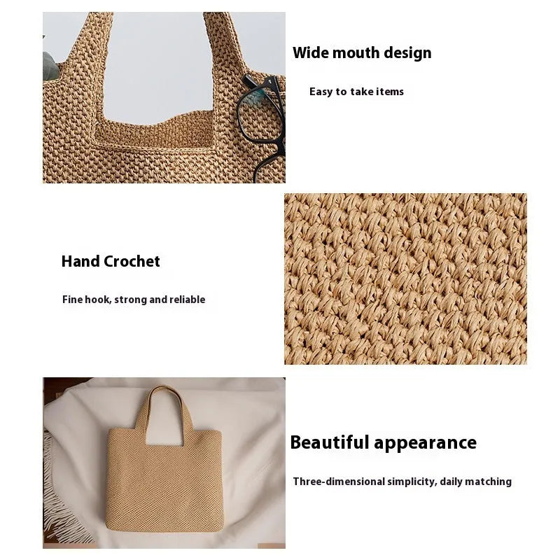 Straw woven bucket tote bag in khaki colour showing double shoulder straps and woven texture detail