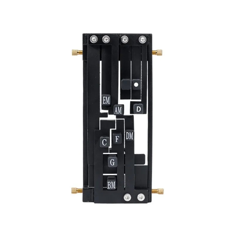 Black automatic chord device for folk guitar, showing the auxiliary gear mechanism for novice practice.