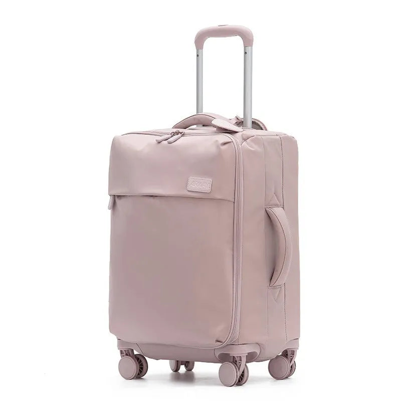 Ultra-light waterproof Oxford cloth suitcase in bluestone green with universal wheels, shown with a 24-inch size example.