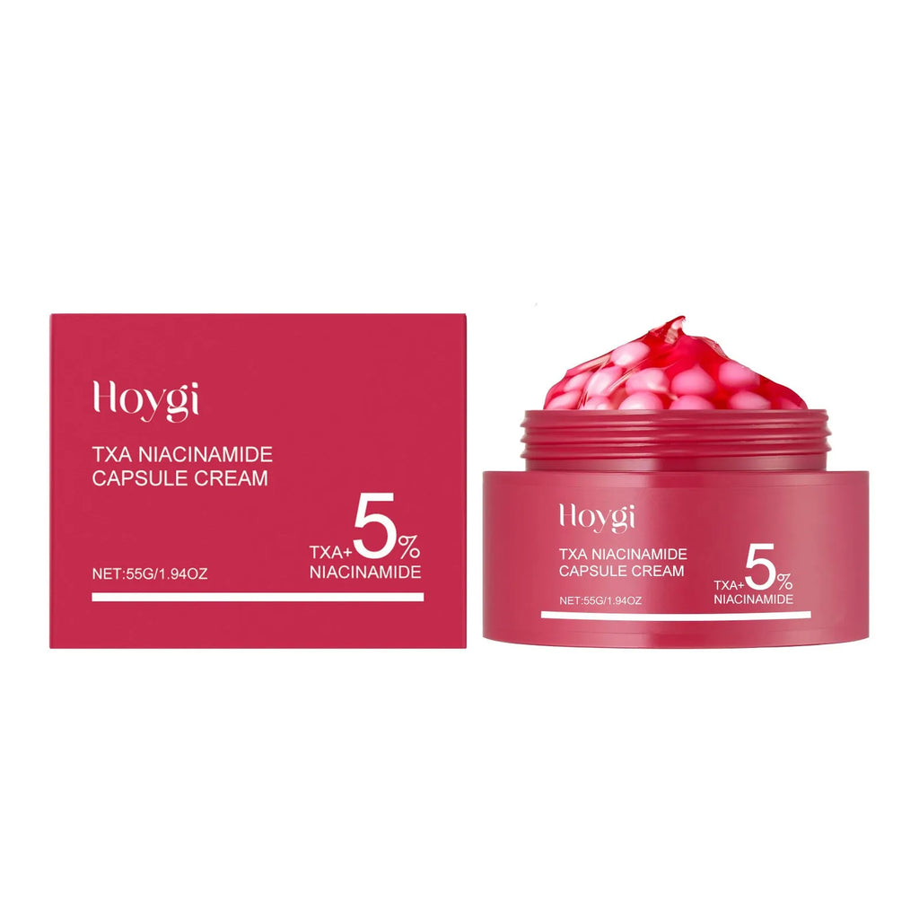 55g moisturising cream container showing gel formula with white balls containing tranexamic acid and nicotinamide