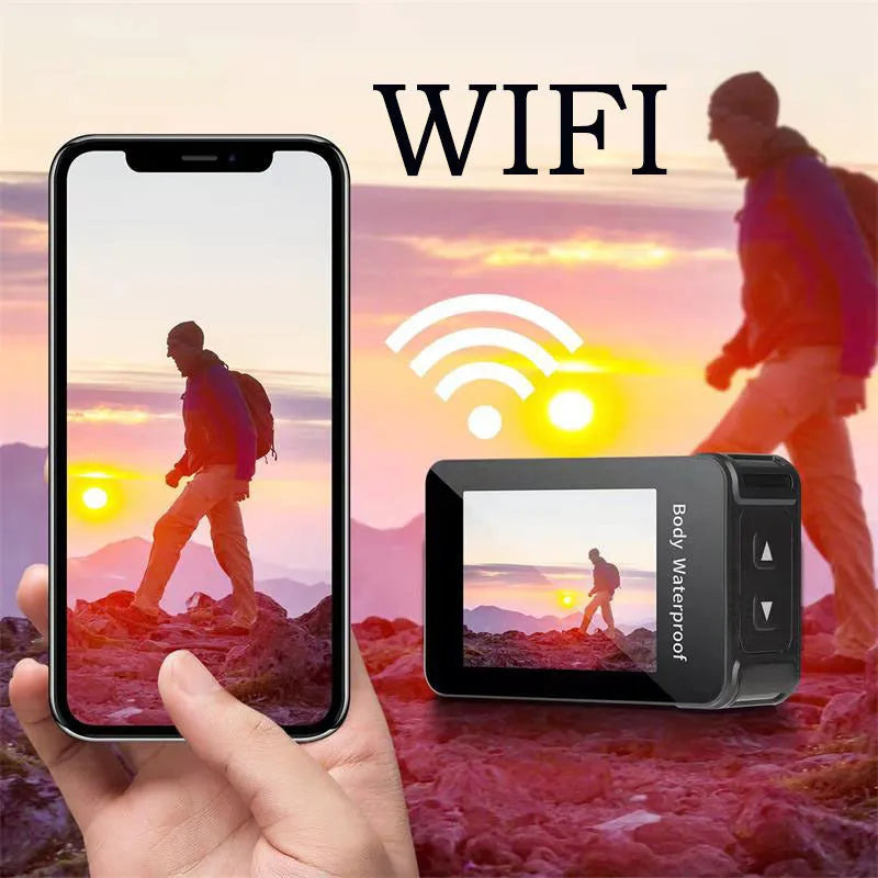 Black outdoor sports camera tachograph with touch screen showing 170° angle