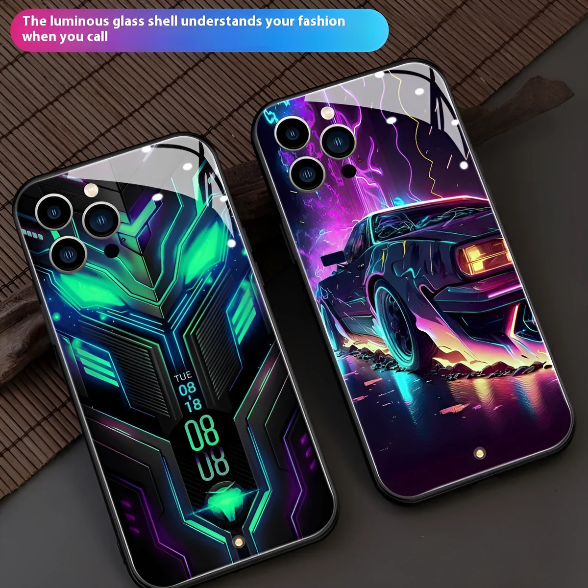 Racing car creative style light glass phone case in green or purple, half pack design for iPhone 11 to 15 series