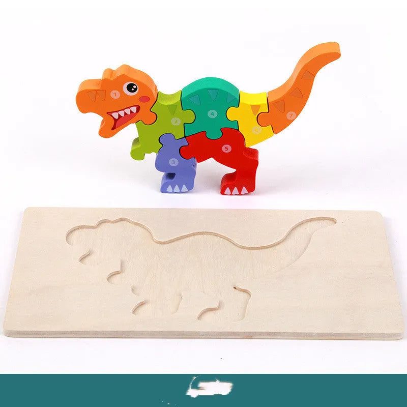 Wooden building blocks for children's 3D dinosaur puzzles including T-Rex and Triceratops