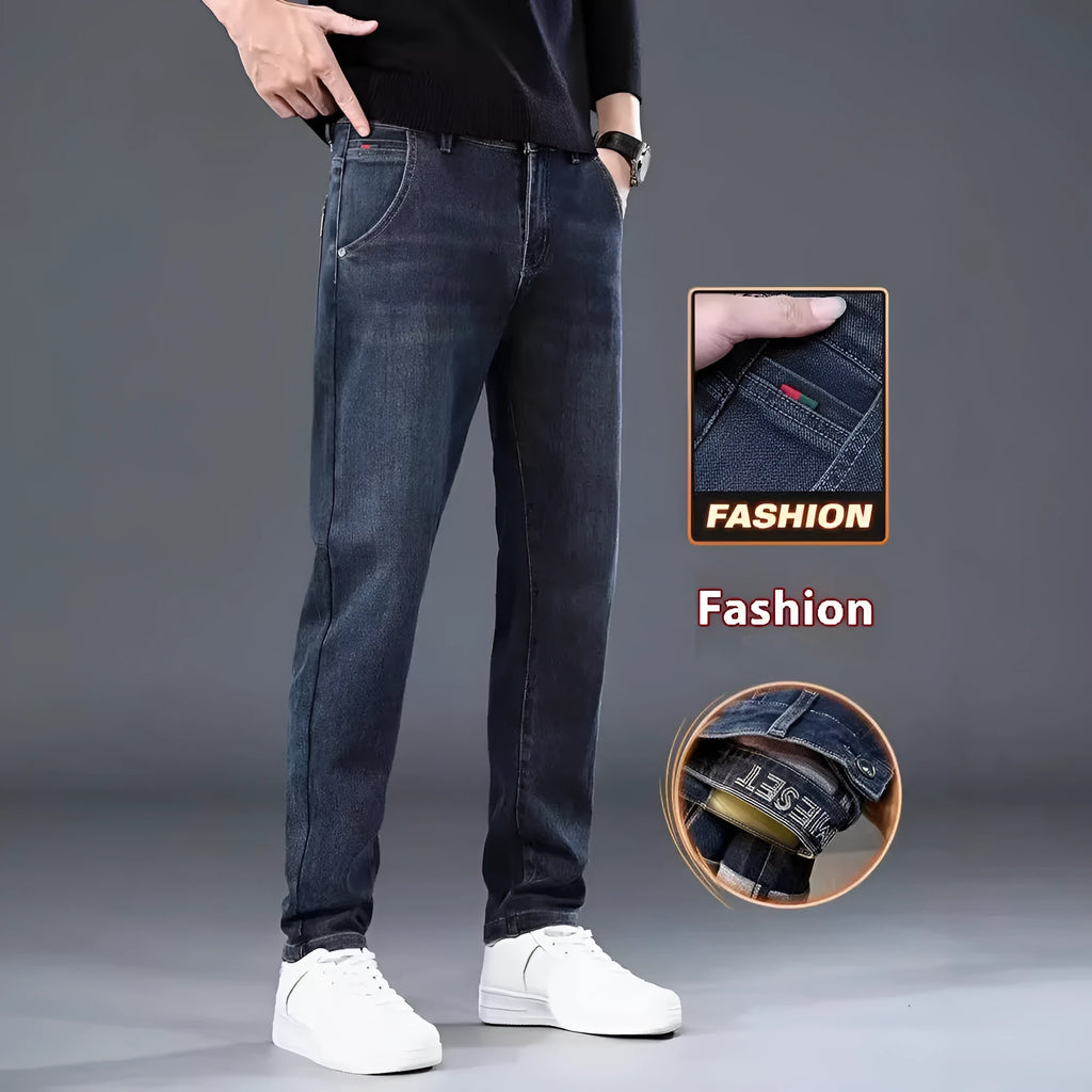 Men's slim straight casual trousers in blue grey colour showing loose fit and pencil-leg style.