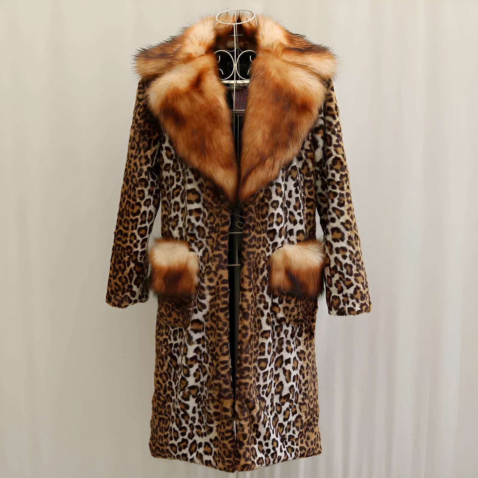 Long leopard print artificial fur jacket for women on a model.
