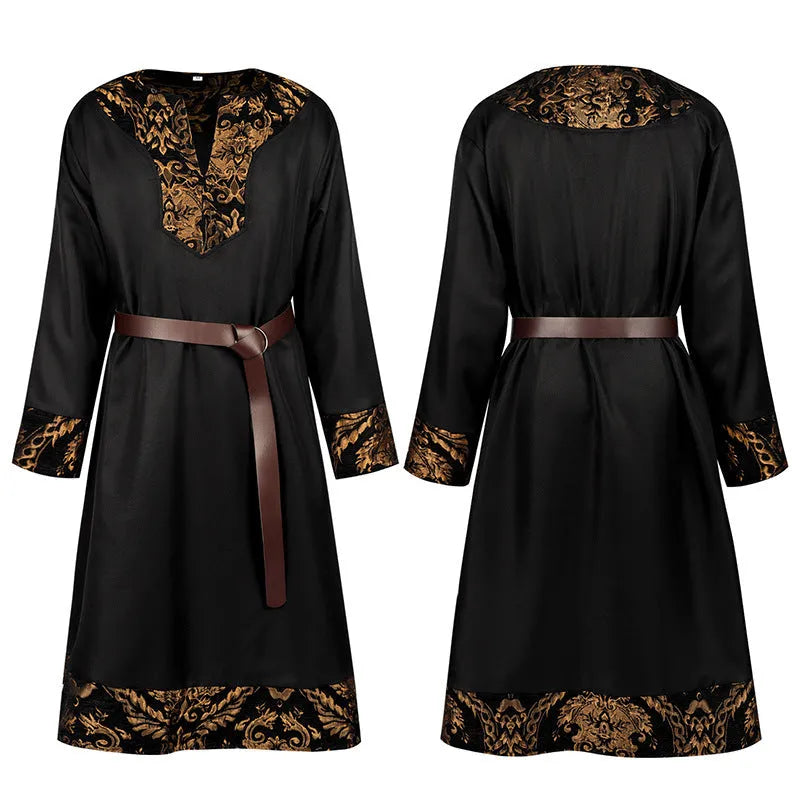 Men's medieval Viking waist jacket with belt and shorts in black, red, or blue polyester, long sleeve British style.