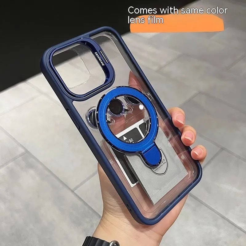 Black magnetic silicone phone case with lens cover bracket for iPhone showing invisible bracket propped up