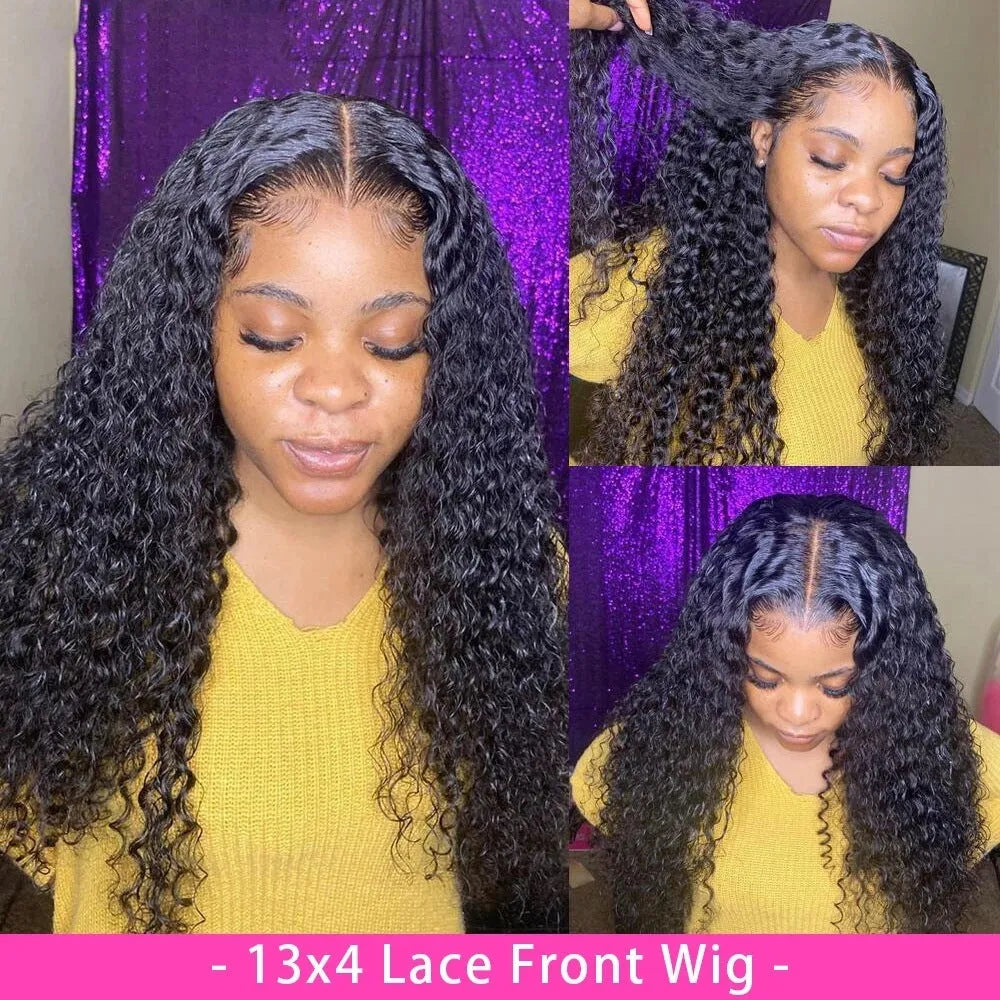 Curly human hair lace frontal wig showing 150 density hand-woven construction in various length options