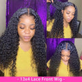 Curly human hair lace frontal wig showing 150 density hand-woven construction in various length options