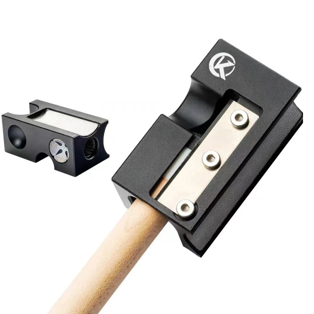 Black metal billiard cue tip repair tool with mounting accessories