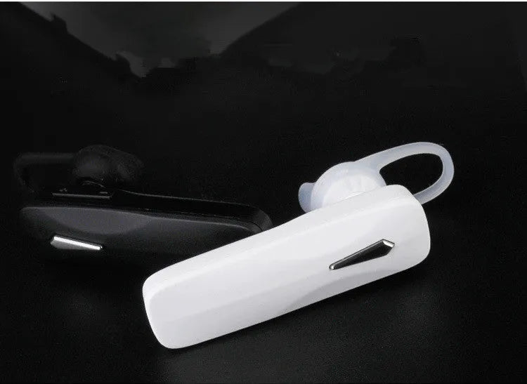 Black and white M163 Bluetooth car headset for hands-free calls and music control.