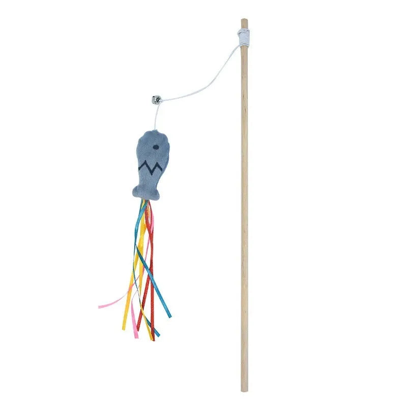 Cat wand toy with catnip fish, colourful ribbons and bell on natural wooden handle