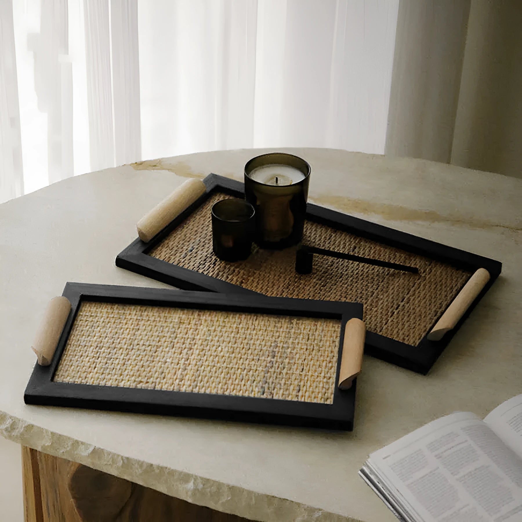 Pine wood dining tray with multiple compartments shown in large and small size options