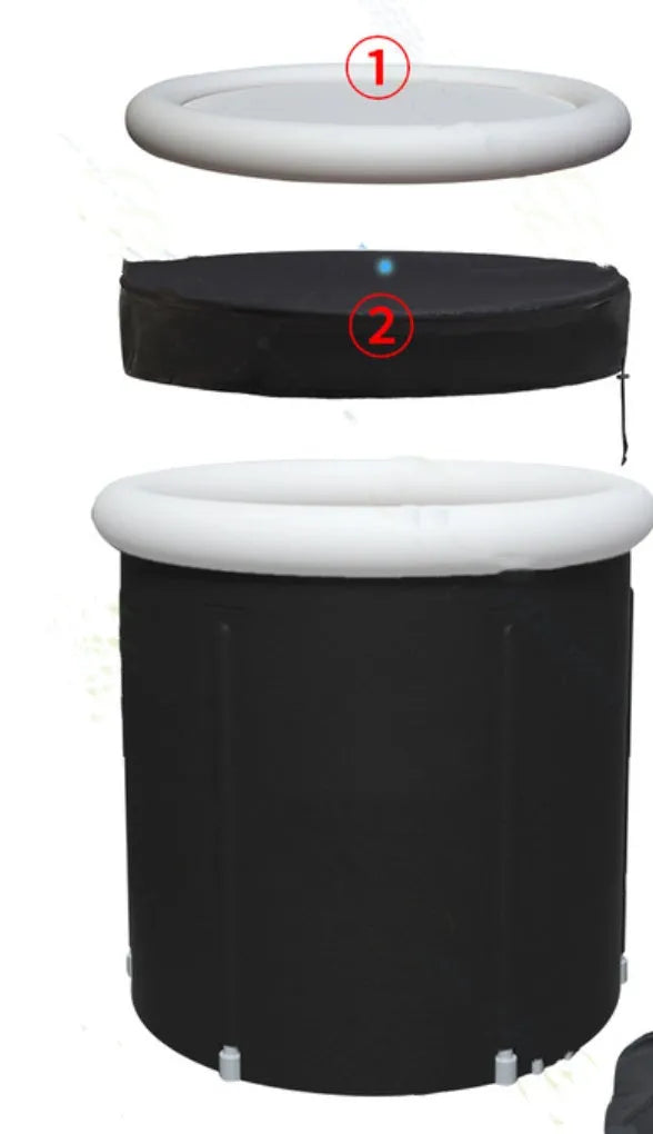 Black portable inflatable ice bath with weather lid for cold therapy recovery