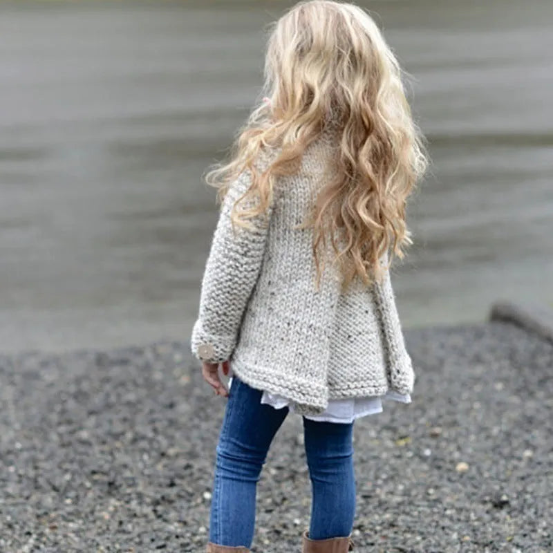 Beige rabbit hair blend girls cardigan sweater coat with long sleeves and single-breasted front