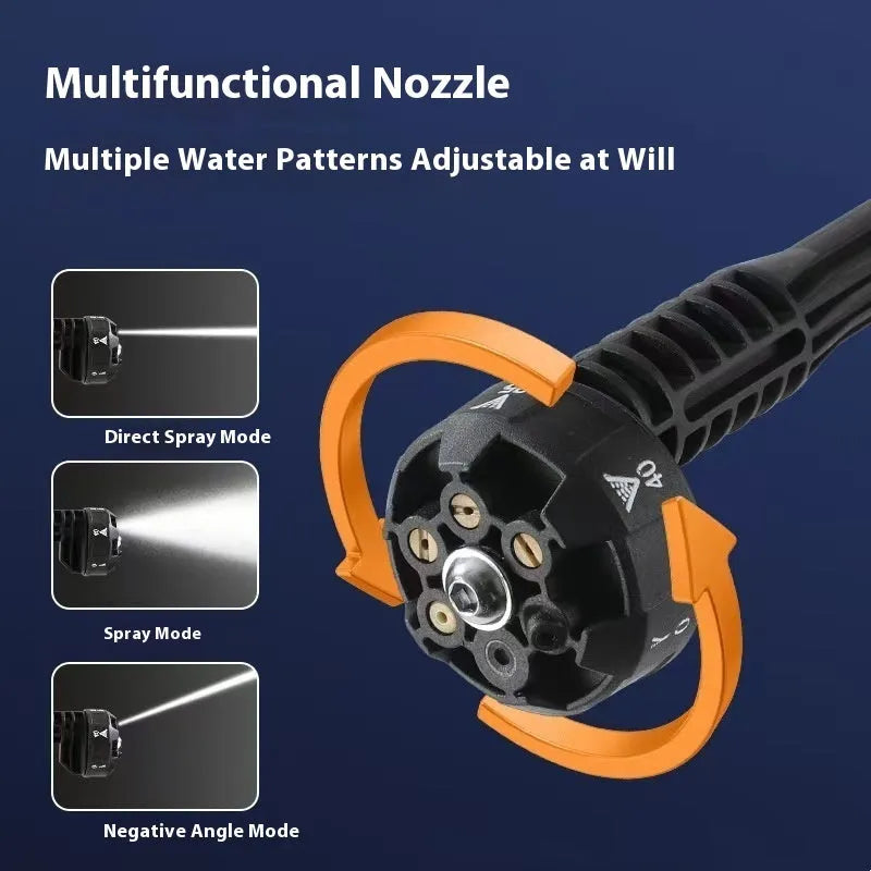 Green wireless high-pressure water gun with multiple nozzle attachments and accessories on a grey background