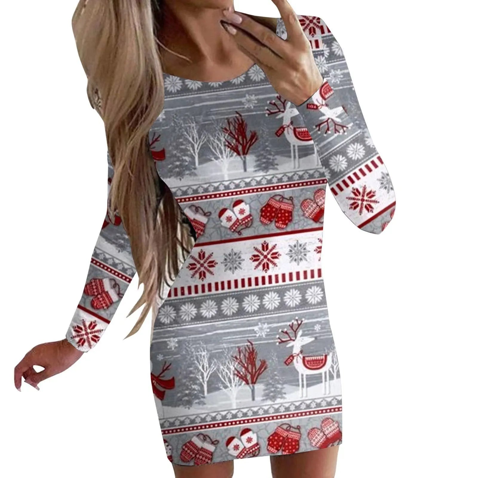 Red printed Christmas dress with animal pattern, round neck, long sleeves, and a tight-fitting hip skirt.