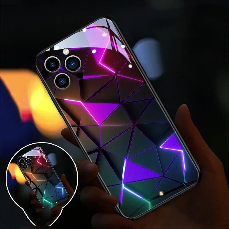 Xpress 14 iPhone case with illuminated lightning bolt design on tempered glass back.