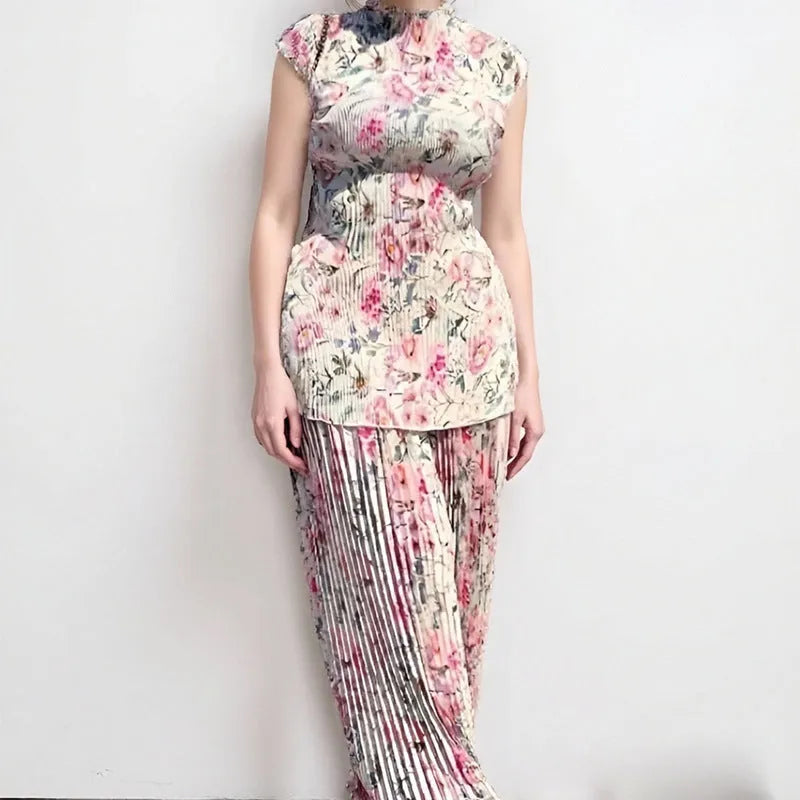 Long sleeve printed chiffon dress and matching skirt set on a hanger, high waist design