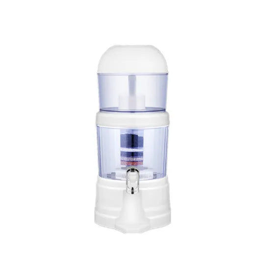 Blue plastic household water purifier with activated carbon filter, 25.3 x 59 cm, eight-layer filtration