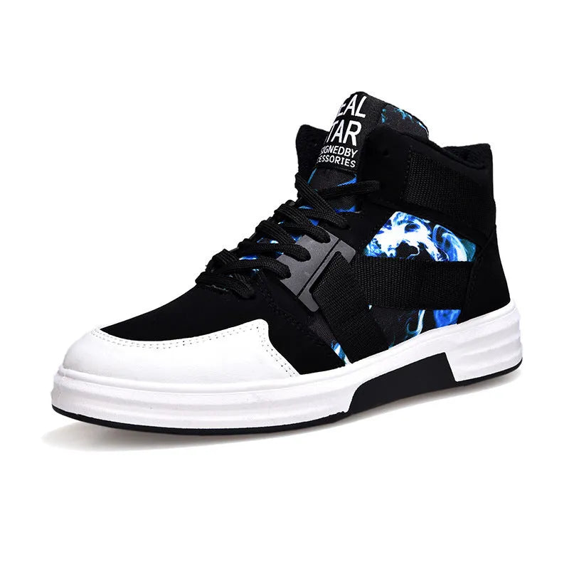 Camouflage high-top lace-up shoes with suede leather upper, non-slip rubber sole and flat 3cm heel