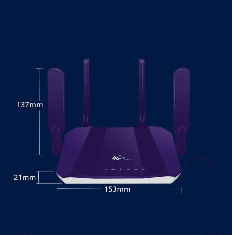 Blue 4G dual-mode wireless router with four external antennas on a white background.