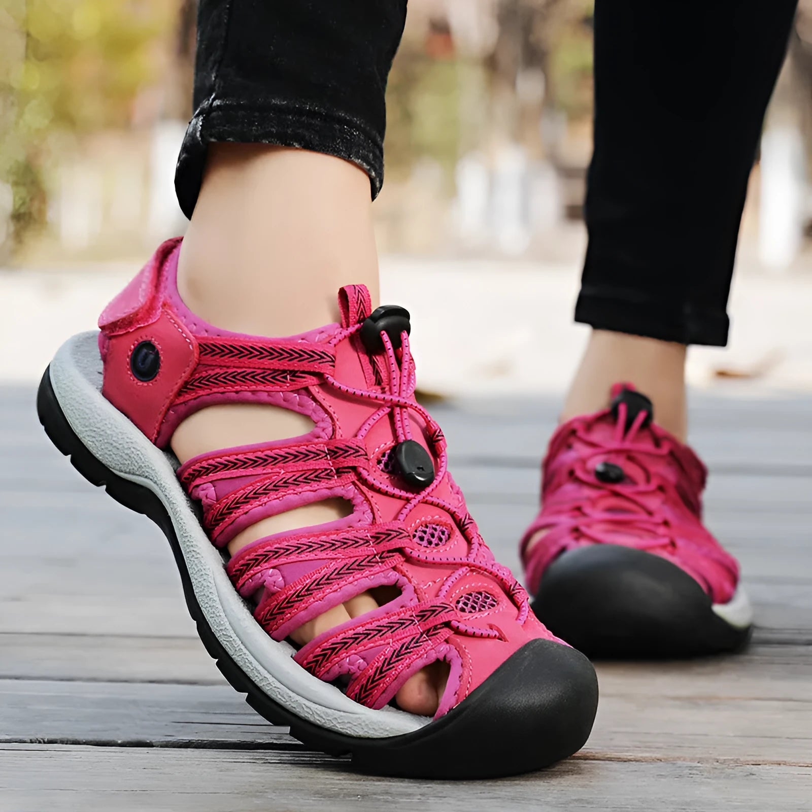 Women's leather mesh sandals with elastic band in black, grey pink, rose red, and black grey.
