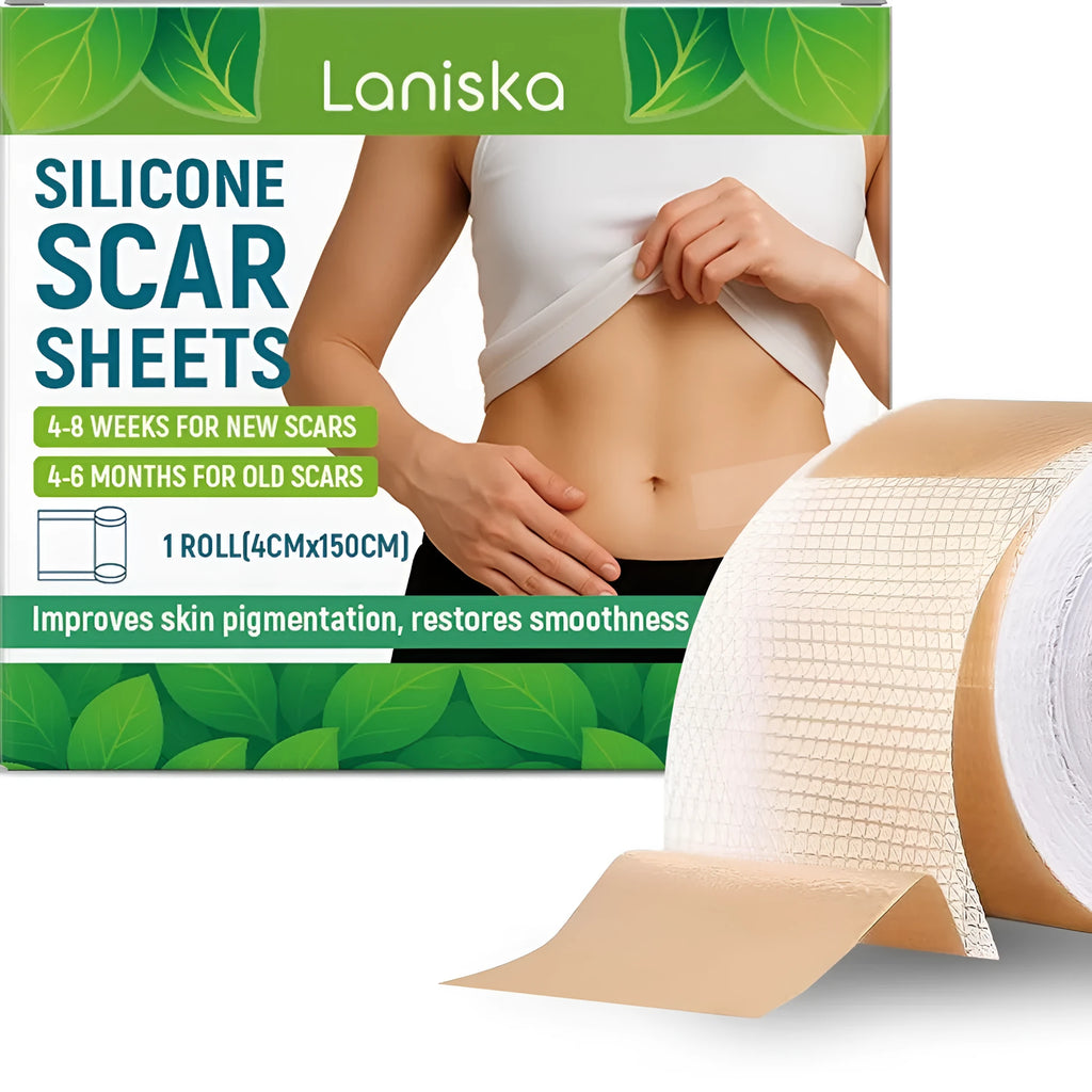 Roll of clear silicone scar sheet with measurements showing 4cm width and 150cm length for scar treatment.