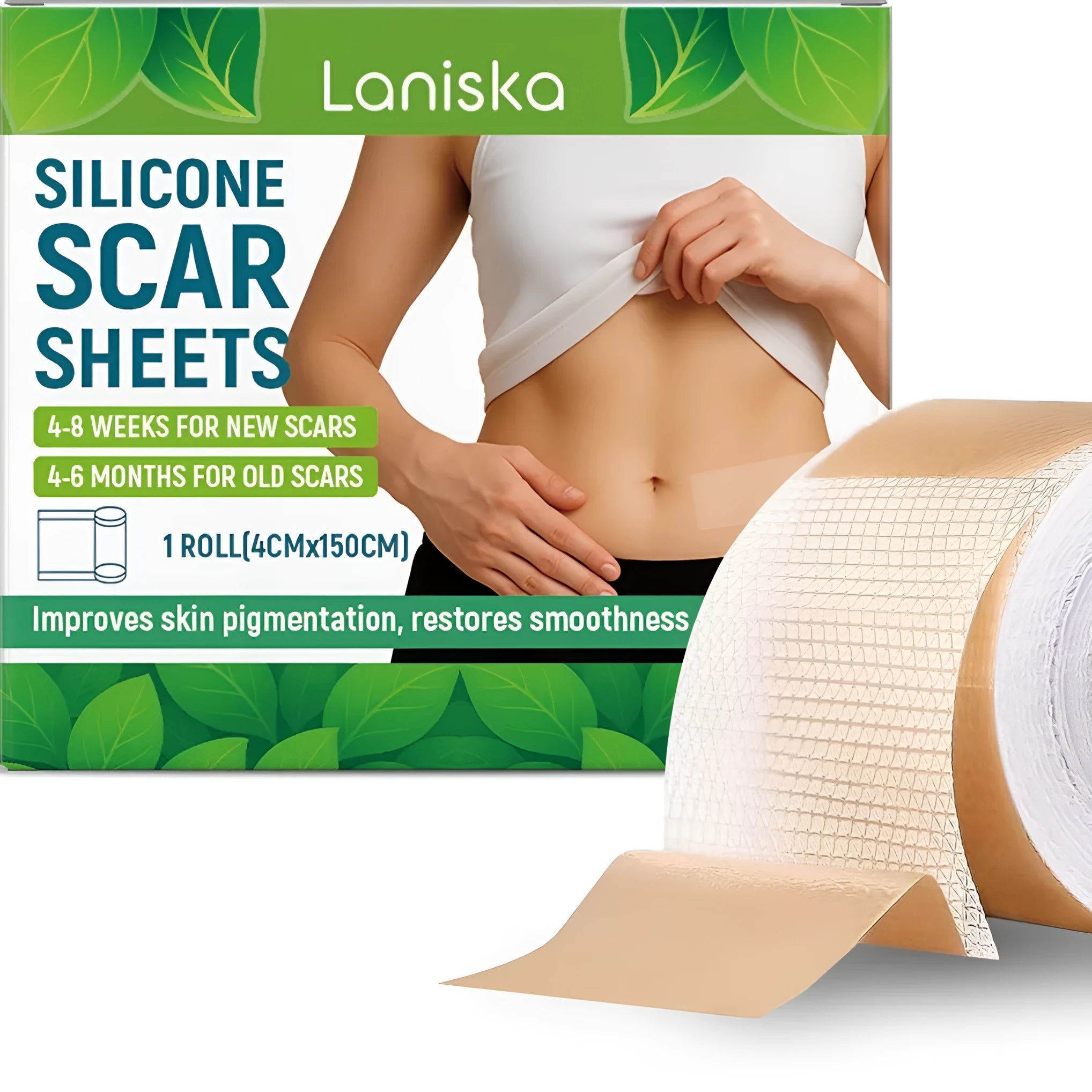 Roll of clear silicone scar sheet with measurements showing 4cm width and 150cm length for scar treatment.