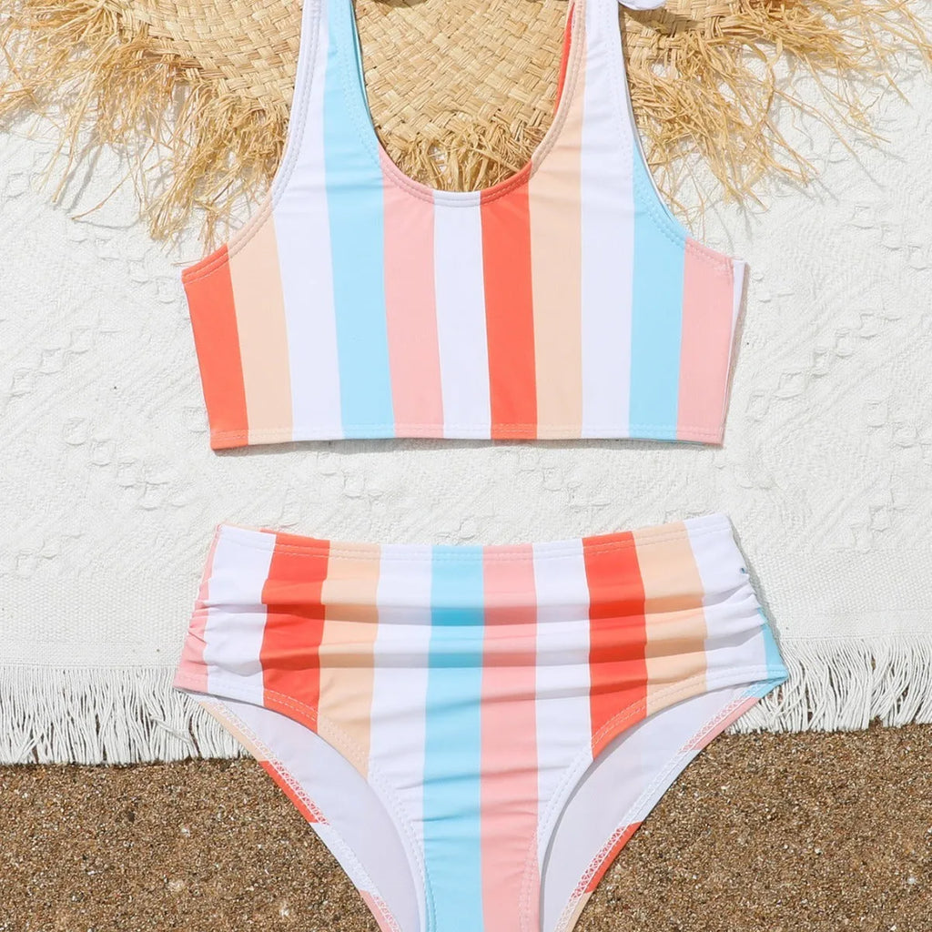 Girls' plaid print swimsuit briefs with separate top and bottom pieces