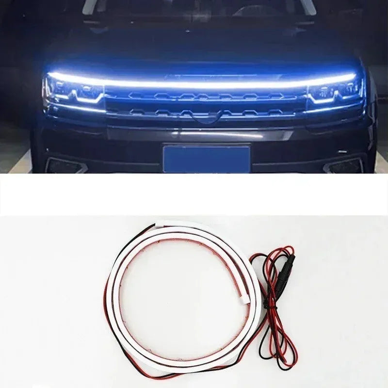 Flexible silicone LED strip daytime running lights for cars in white, ice blue, and red colours.