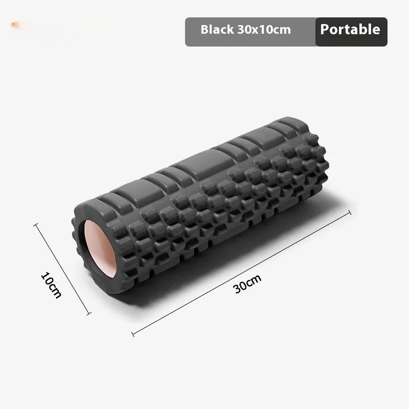 A firm EVA foam roller for fitness and yoga, shown in a selection of colours including black, pink, and sky blue.