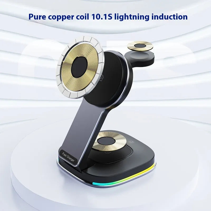 15W three-in-one wireless charger stand for phone, earbuds and watch in black aluminium finish