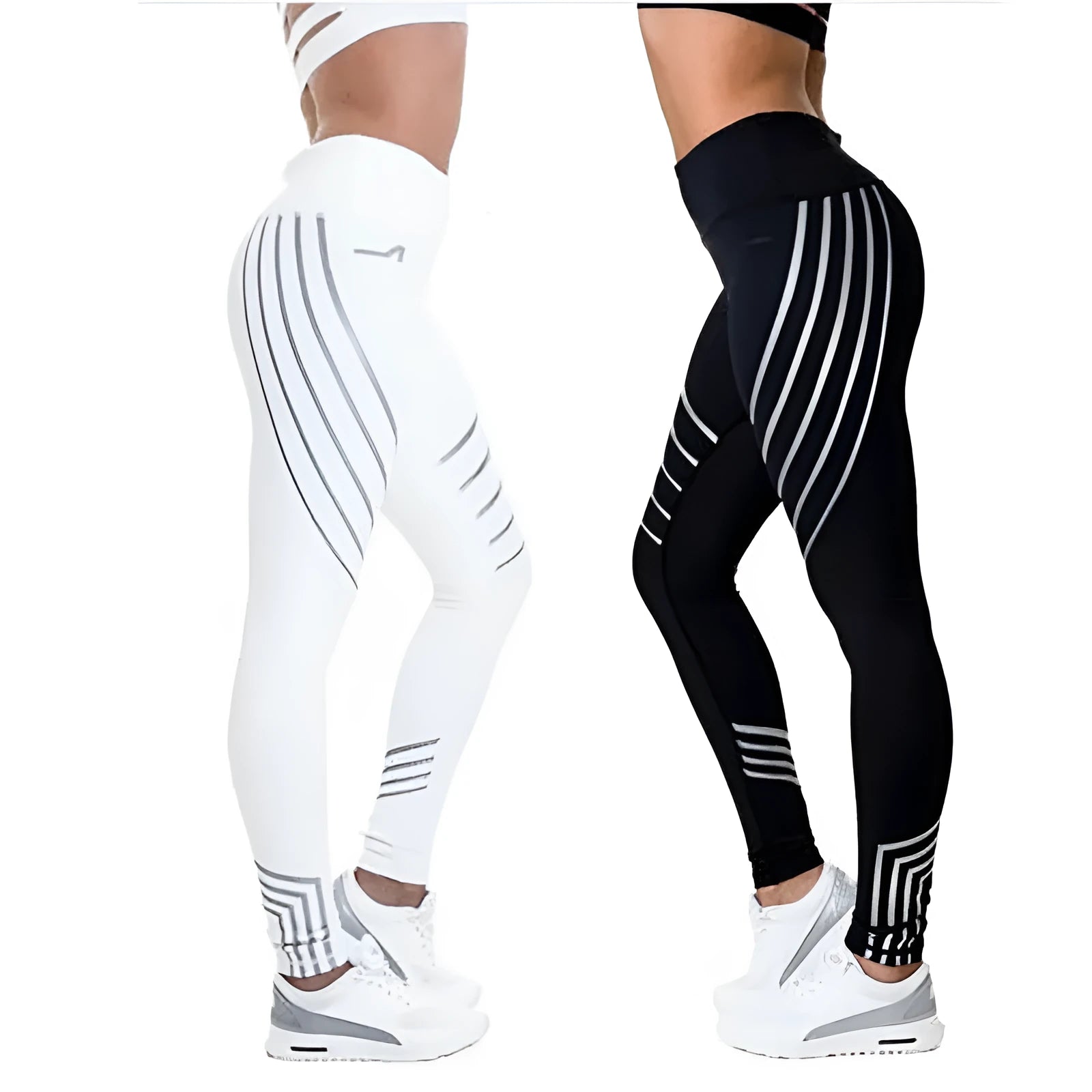 Women's black workout leggings with glowing white print pattern, showing slimming pencil pants fit.